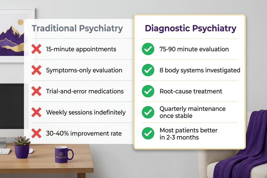 Traditional Psychiatry vs Diagnostic Psychiatry comparison showing medication trial approach versus root cause investigation